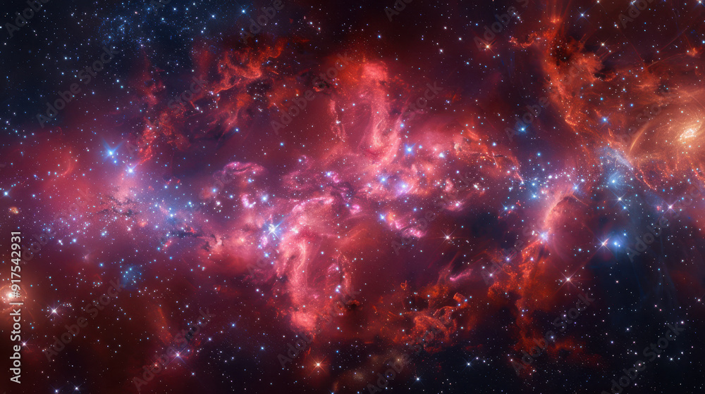 Fototapeta premium An expansive galactic view, bold red and blue nebulae intertwining, dotted with shining stars, dark cosmic backdrop