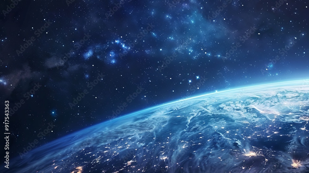 Background of earth from space with a blue sky and stars. Background of earth from space with a blue sky and stars.