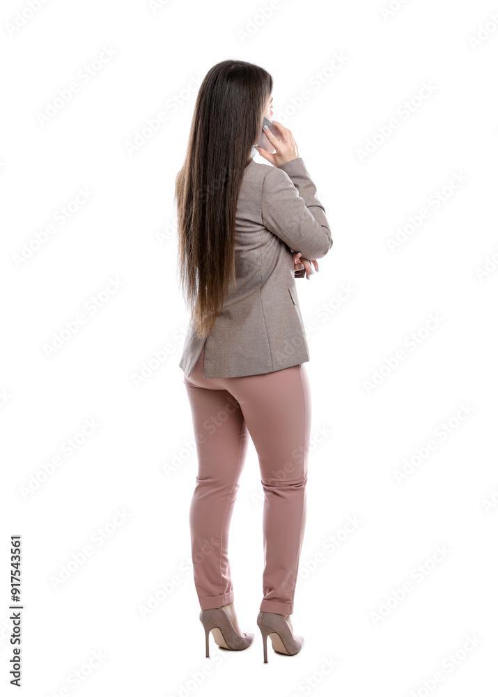 Young woman in business attire using mobile phone on white background, back view Young woman in business attire using mobile phone on white background, back view