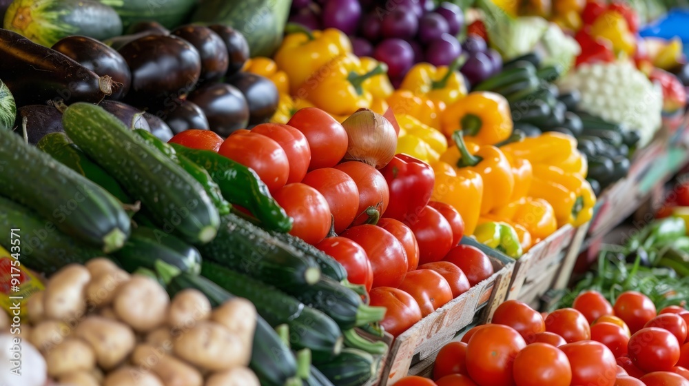 tomatoes, cucumbers, bell peppers, and eggplant, all arranged in wooden crates at a farmers market. tomatoes, cucumbers, bell peppers, and eggplant, all arranged in wooden crates at a farmers market.