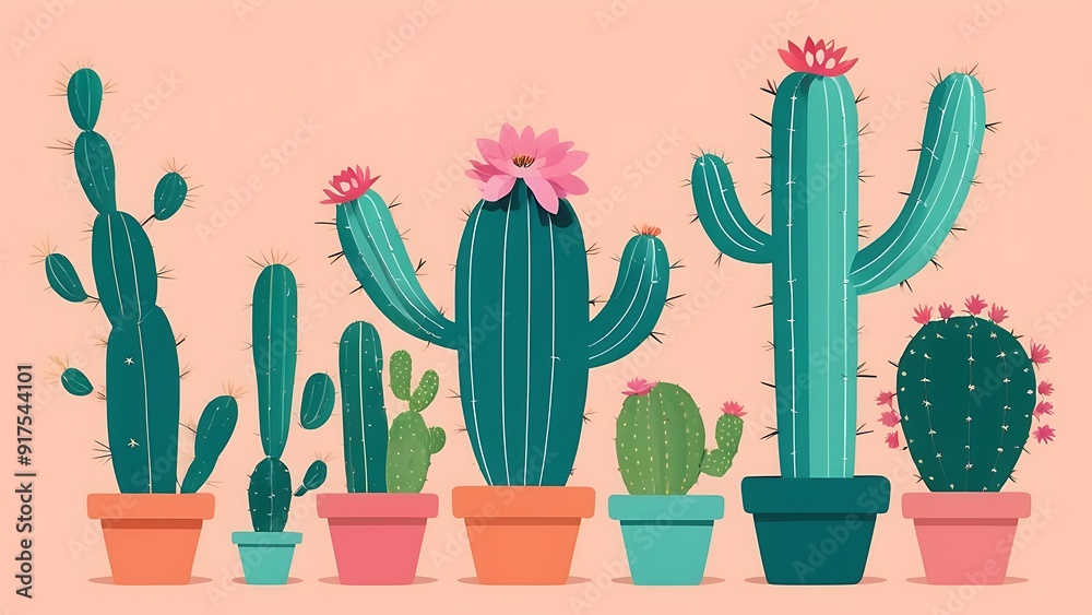 cacti with pink flowers in green pots on a pink background. Perfect for botanical, gardening, or desertthemed designs.
