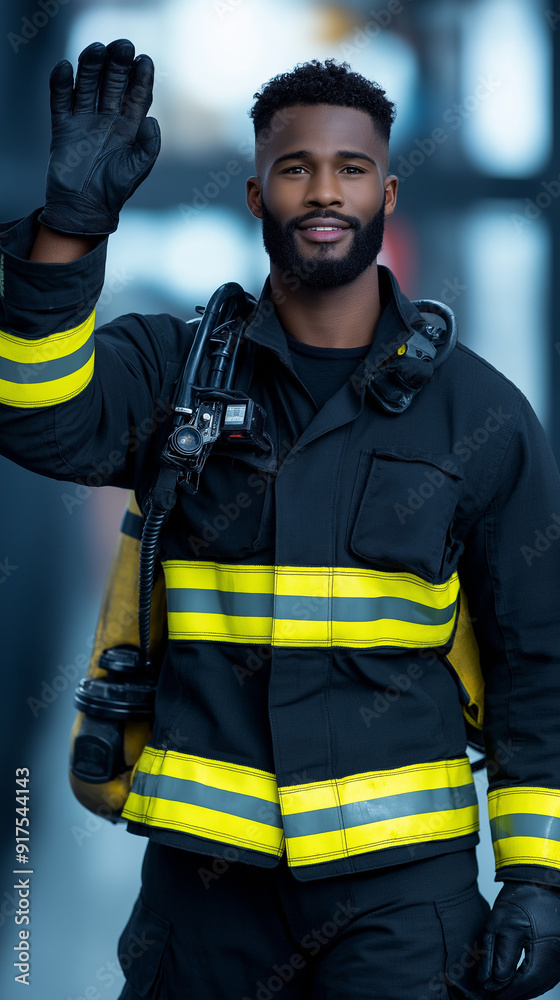 A fireman waving his hand and smiling. A fireman waving his hand and smiling.