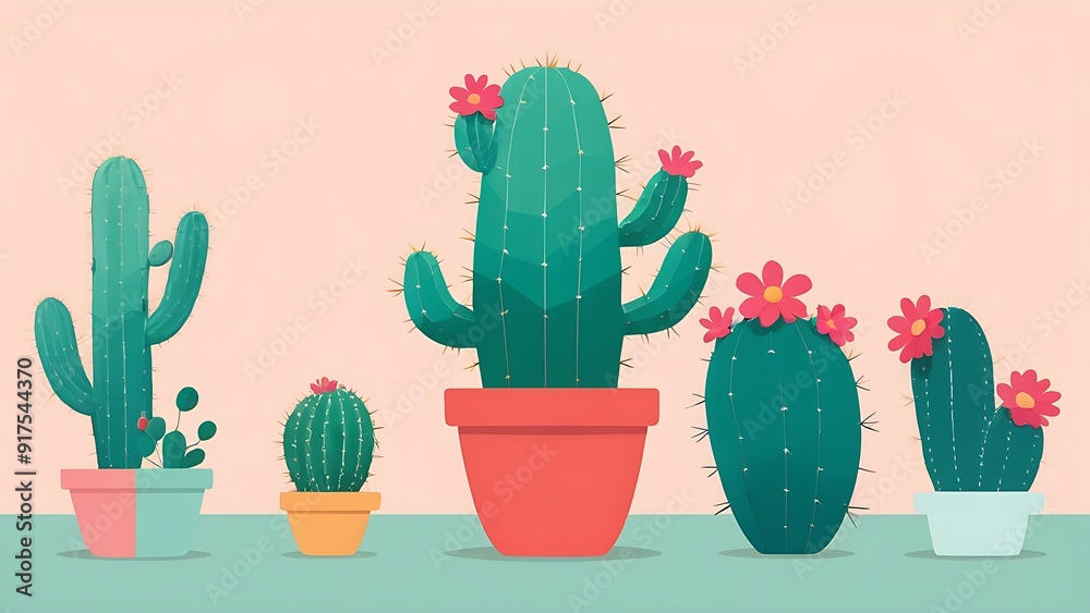 cacti with pink flowers in green pots on a pink background. Perfect for botanical, gardening, or desertthemed designs.
