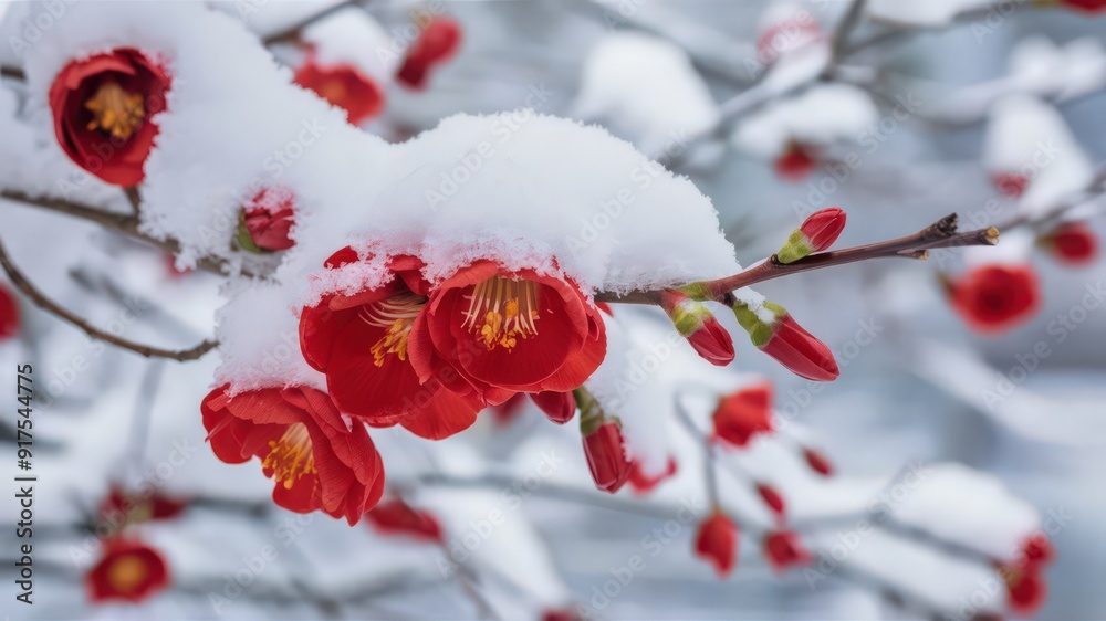 Snow-Covered Red Flowers Blossoming on Tree Branches in Winter Wonderland. Snow-Covered Red Flowers Blossoming on Tree Branches in Winter Wonderland.