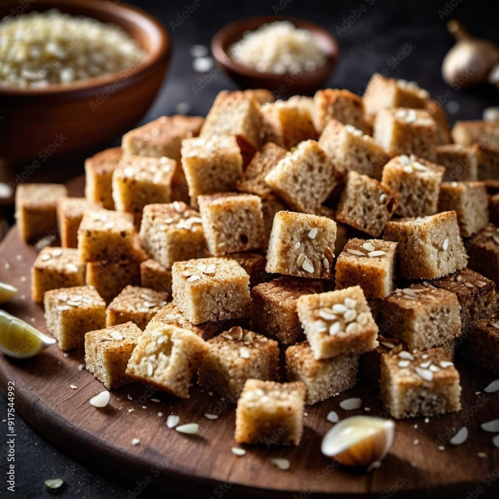 Baked rye croutons are salted and infused with garlic, creating a savory snack, artistically arranged in deep brown bowl, surrounded. Soft interior. Ideal for soups, salads, or snacking with beer. Baked rye croutons are salted and infused with garlic, creating a savory snack, artistically arranged in deep brown bowl, surrounded. Soft interior. Ideal for soups, salads, or snacking with beer.
