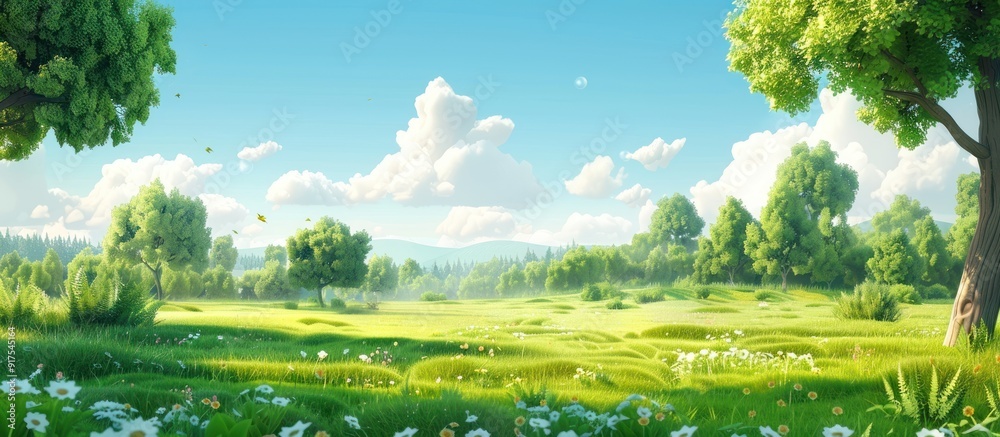 Fototapeta premium Tranquil Green Meadow with Blooming Flowers