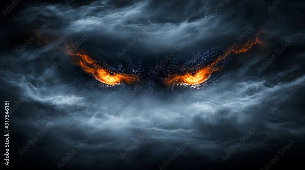 Fototapeta premium Dark swirling mist with glowing eyes peering through the fog, an abstract Halloween landscape filled with tension and mystery, otherworldly and spooky, copy space for text,