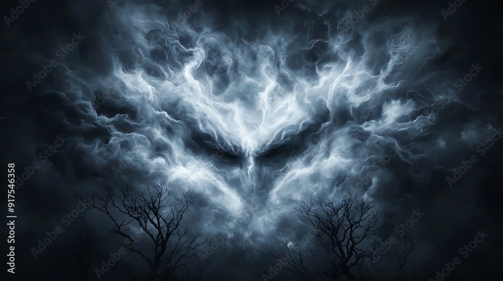 Ominous storm clouds swirling above a haunted forest, abstract shapes forming eerie faces in the sky, a spooky and surreal Halloween atmosphere, copy space for text, Ominous storm clouds swirling above a haunted forest, abstract shapes forming eerie faces in the sky, a spooky and surreal Halloween atmosphere, copy space for text,