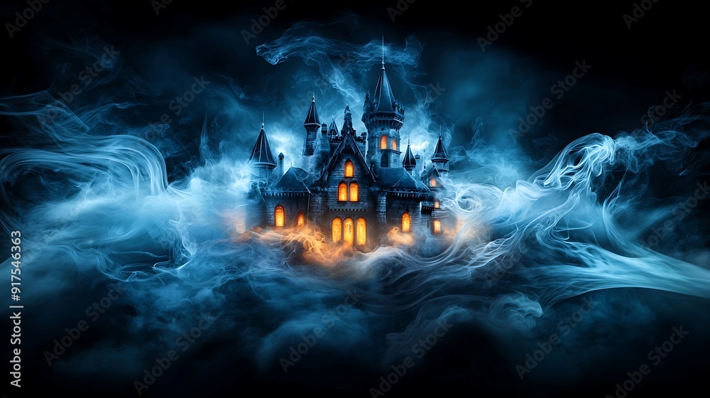 Surreal floating castle with glowing windows, surrounded by ghostly apparitions and swirling mist, an abstract and ominous Halloween scene, mystical and eerie, copy space for text, Surreal floating castle with glowing windows, surrounded by ghostly apparitions and swirling mist, an abstract and ominous Halloween scene, mystical and eerie, copy space for text,