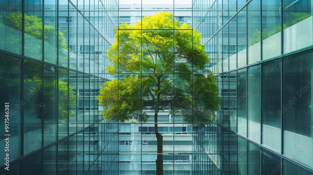 A green tree tall in the middle of a modern glass building, nature and development A green tree tall in the middle of a modern glass building, nature and development