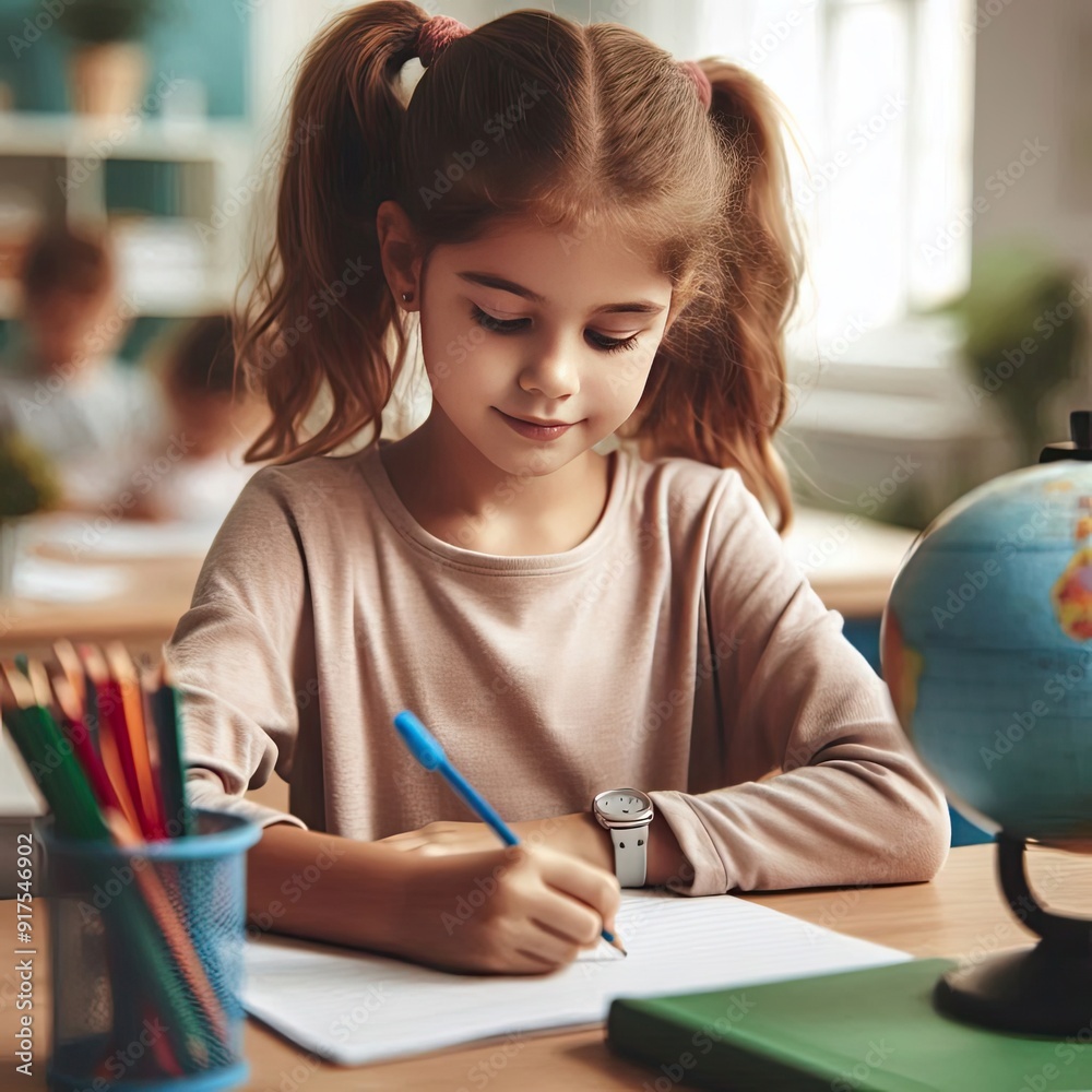 Female elementary school student sitting at her desk and doing her school work. Girl schooling in a co-ed child development centre. AI generated Female elementary school student sitting at her desk and doing her school work. Girl schooling in a co-ed child development centre. AI generated