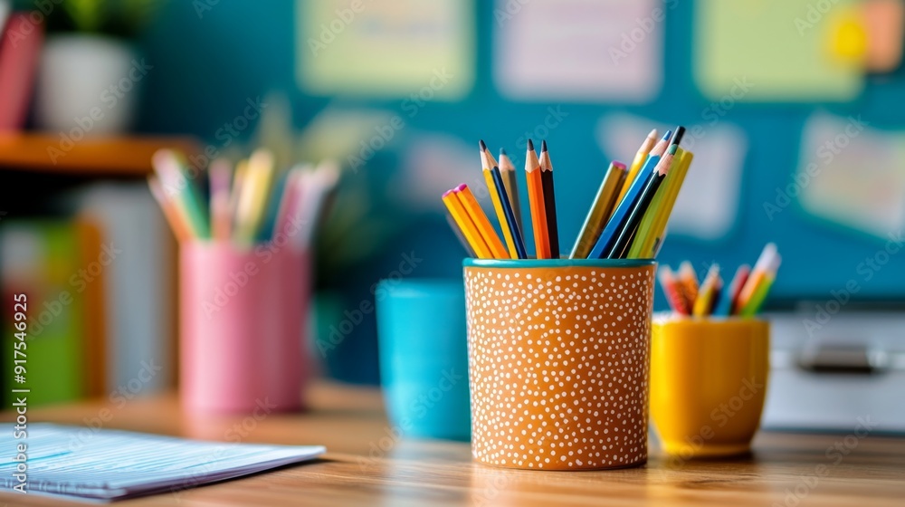 Colorful Pencils in a Dotted Cup on a Wooden Desk. Colorful Pencils in a Dotted Cup on a Wooden Desk.