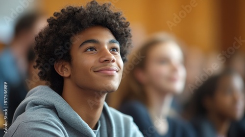 Young Man Looking Up Thoughtfully in a Classroom Setting.