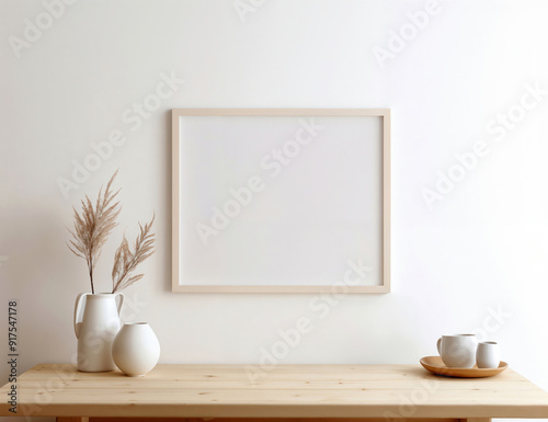 Minimalist home interior with empty frame mockup on white wall
