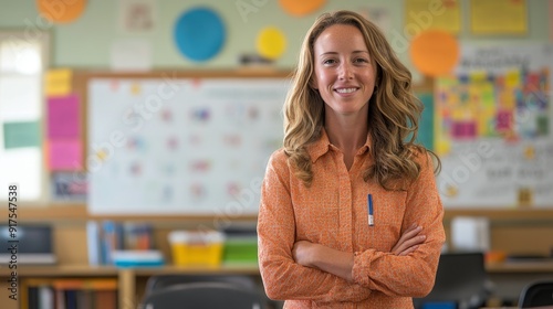 Confident Female Teacher in Classroom.