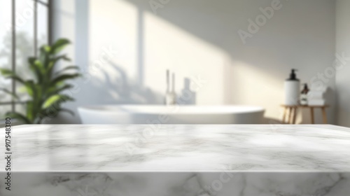 Empty marble table top. Blurred bathroom interior background