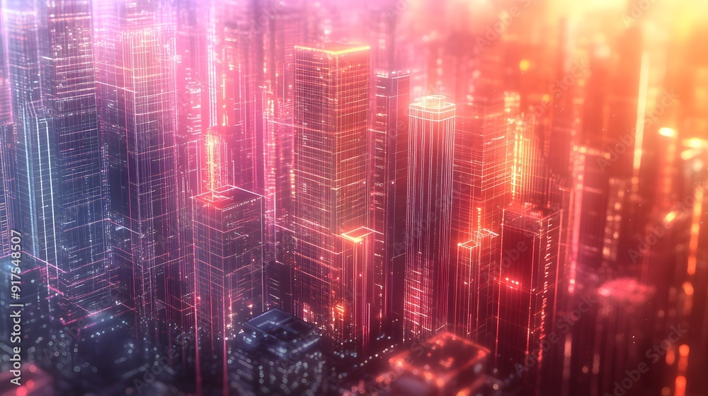 Naklejka premium Digital Cityscape with Luminous Skyscrapers and Data Streams, Symbolizing Technological Integration in Urban Life