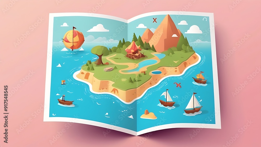 Folded map with island, boats, mountain, and treasure suitable for travel brochures, adventurethemed designs, piratethemed illustrations, and vintage decor. Folded map with island, boats, mountain, and treasure suitable for travel brochures, adventurethemed designs, piratethemed illustrations, and vintage decor.