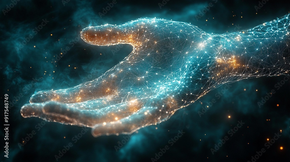 Fototapeta premium Digital Hand Hologram on Dark Background with Neural Network Connection, Ideal for AI Communication and Technology Imagery, Generative AI