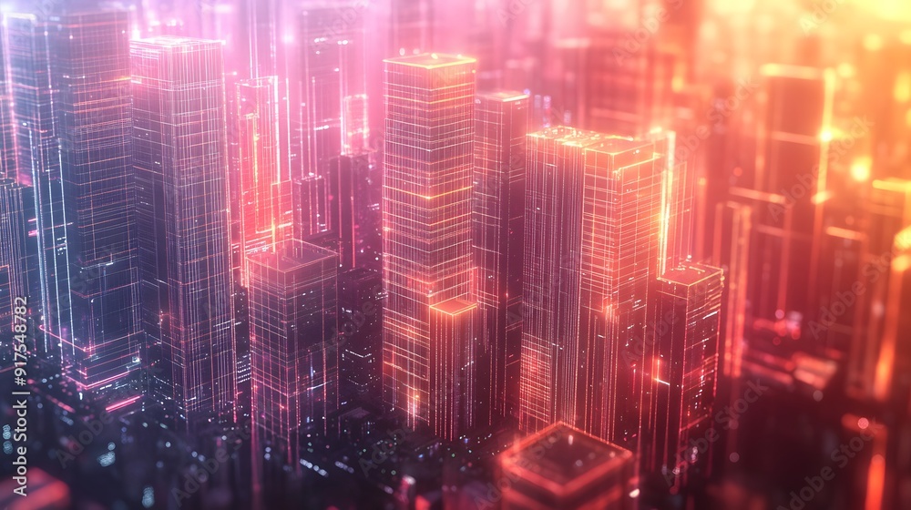 Fototapeta premium Digital Cityscape with Luminous Skyscrapers and Data Streams, Symbolizing Technological Integration in Urban Life