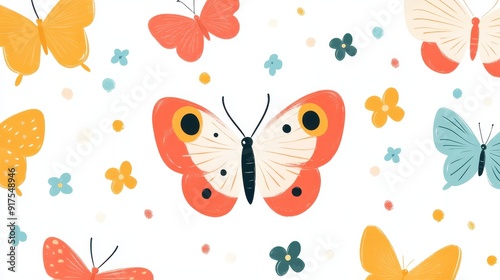 Colorful Butterfly Pattern with Various Butterflies and Flowers on a White Background