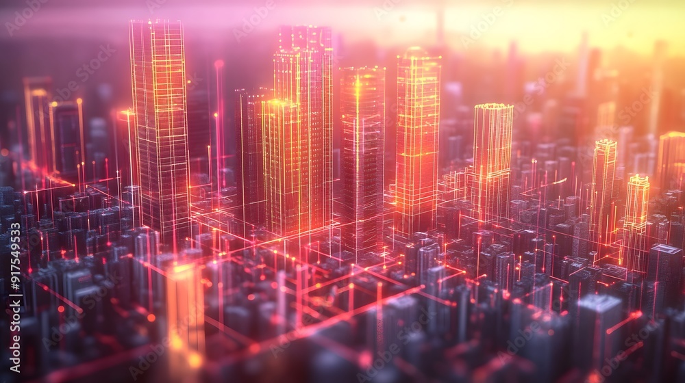 Fototapeta premium Digital Cityscape with Luminous Skyscrapers and Data Streams, Symbolizing Technological Integration in Urban Life