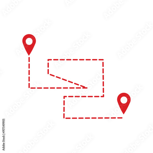 Navigation line. Map pointer icon. Red linear icon on white background. a directional line that shows the direction of a journey from one point to another on a digital map. 
