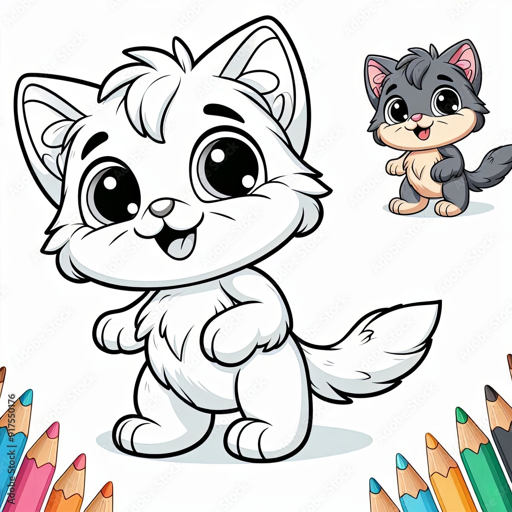 Adorable cartoon kittens with huge eyes standing joyfully on a white background, surrounded by colorful pencils Adorable cartoon kittens with huge eyes standing joyfully on a white background, surrounded by colorful pencils