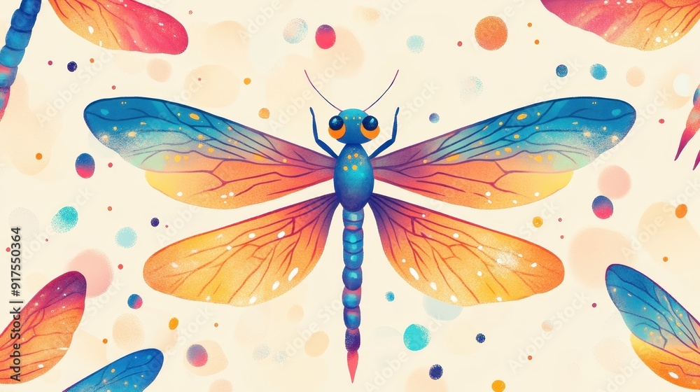 Fototapeta premium Vibrant Dragonfly Illustration with Colorful Wings and Abstract Background in Pastel Tones