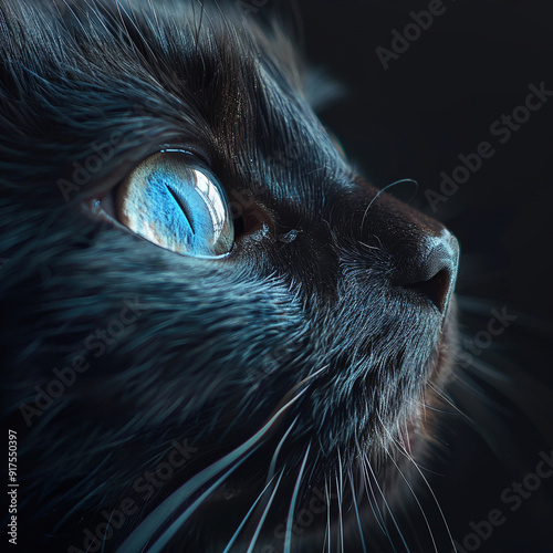 Black can in beautiful blue eyes in black background