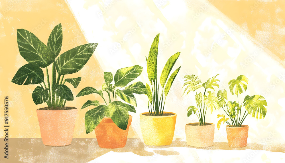 Illustration of potted plants in contrasting sunlight Illustration of potted plants in contrasting sunlight