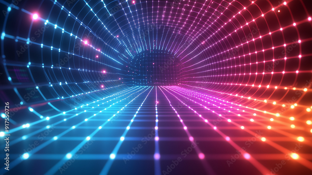 Futuristic Digital Grid Tunnel with Neon Blue and Pink Lights