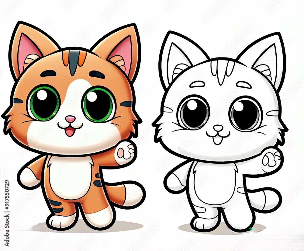 Charming cartoon pair of kittens: one orange, fully colored, other outlined, waving enthusiastically with large, expressive eyes on a plain white background Charming cartoon pair of kittens: one orange, fully colored, other outlined, waving enthusiastically with large, expressive eyes on a plain white background