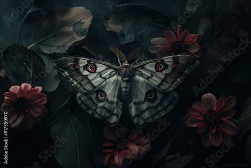 animal by ai // large moth with dark grey wings with red eyes, leaves and flowers, moody lighting, photorealistic photo