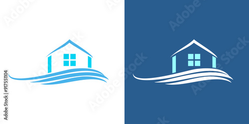 House with wave icon logo vector. Water beach sea real estate logo