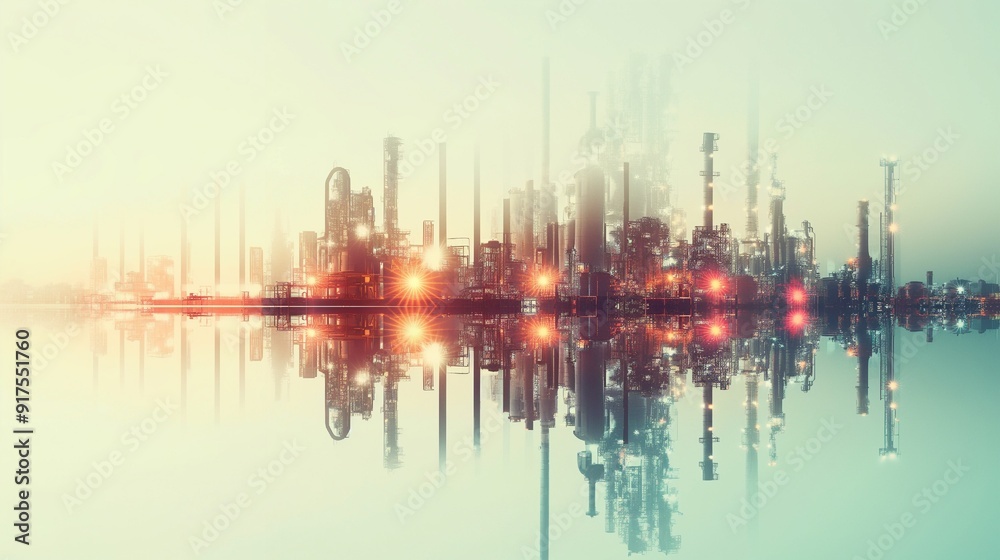 Obraz premium Future factory plant and energy industry concepts in creative graphic design. Oil, gas and petrochemical refinery factory with double exposure show the next generation of power and energy business 