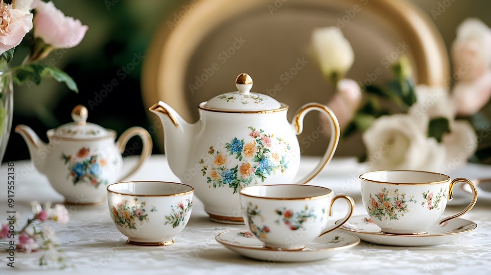 23. An elegant tea set with fine china cups and a teapot on a pristine table 23. An elegant tea set with fine china cups and a teapot on a pristine table