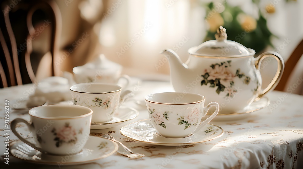 23. An elegant tea set with fine china cups and a teapot on a pristine table 23. An elegant tea set with fine china cups and a teapot on a pristine table