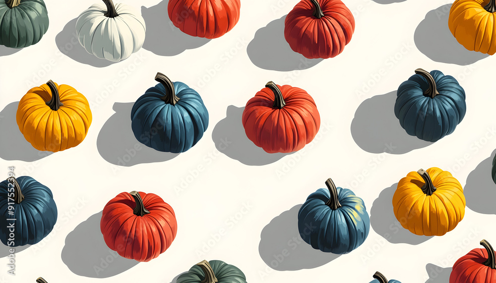 Patterned illustration of multicolored pumpkins with shadows Patterned illustration of multicolored pumpkins with shadows
