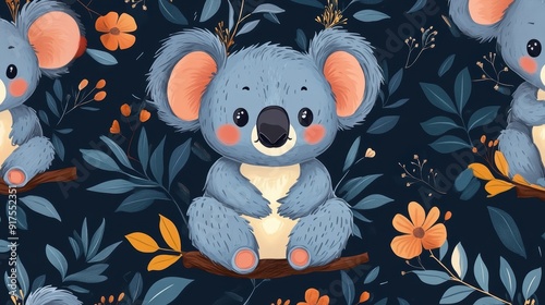Cute Cartoon Koala Pattern with Floral Elements on Dark Background for Kids' Products and Home Decor