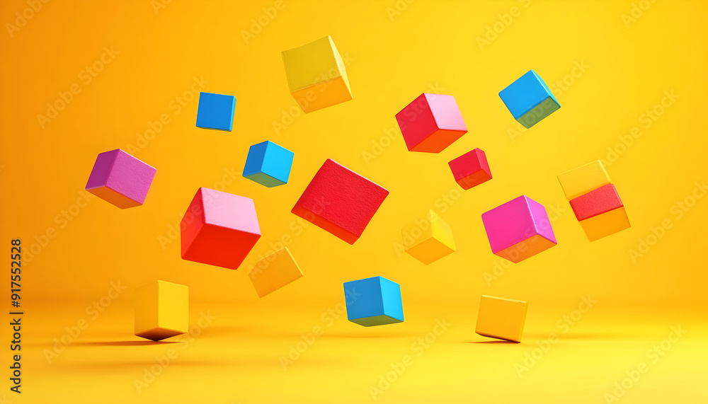 Playing blocks of various colors suspended in air against a yellow background illustration Playing blocks of various colors suspended in air against a yellow background illustration