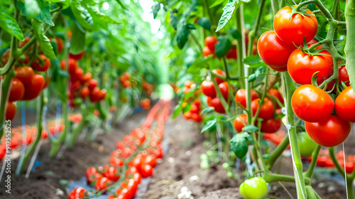 Lush rows of ripe juicy red tomatoes brimming with vitality and abundance in a thriving farm greenhouse This image captures the bounty and productivity of sustainable agriculture