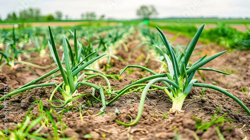 Lush green onion plantation thriving in the idyllic farmland landscape showcasing the beauty of sustainable bio farming  The vibrant green onion plants stand tall and healthy
