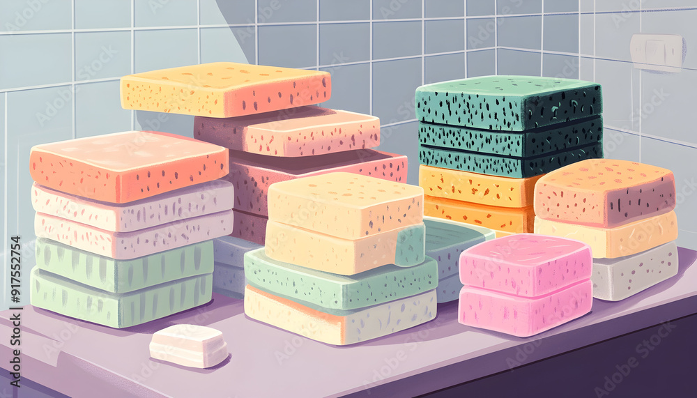 Obraz premium Stacks of handmade soap bars and sponges illustration on a table