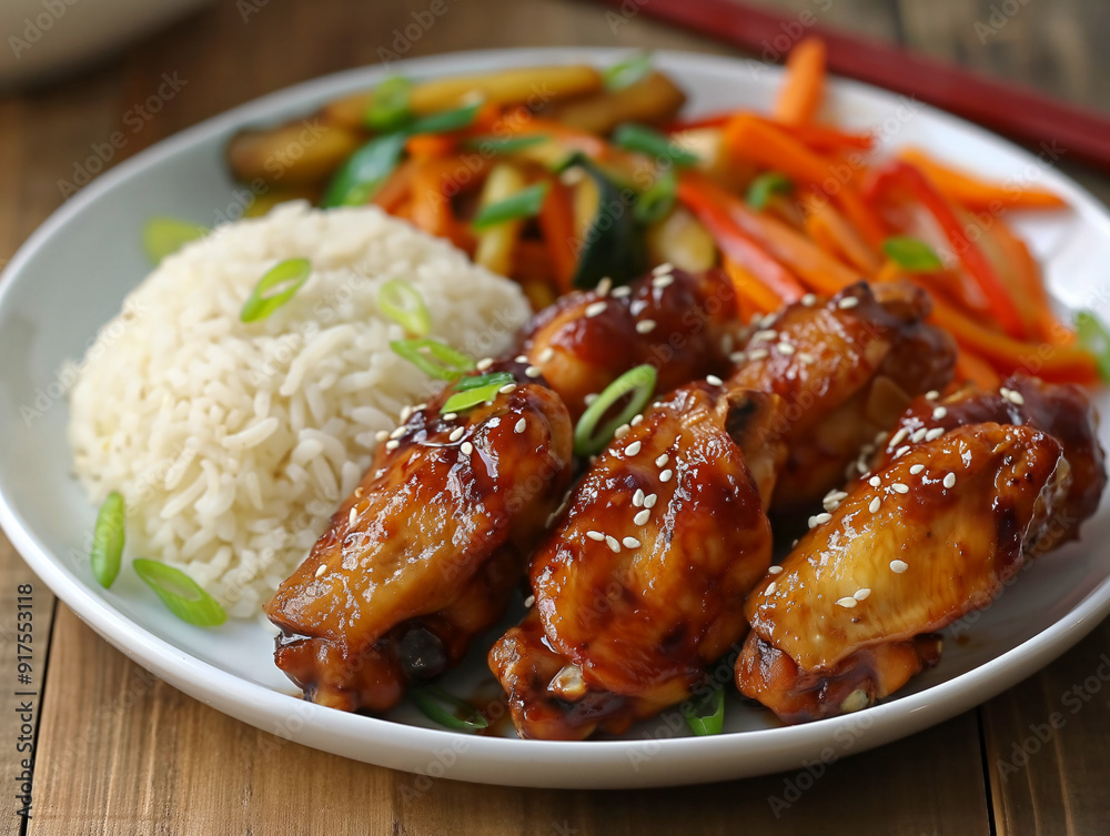 A plate of fried chicken with rice and vegetables. The chicken is covered in a sauce and has sesame seeds sprinkled on top. The plate is set on a wooden table A plate of fried chicken with rice and vegetables. The chicken is covered in a sauce and has sesame seeds sprinkled on top. The plate is set on a wooden table