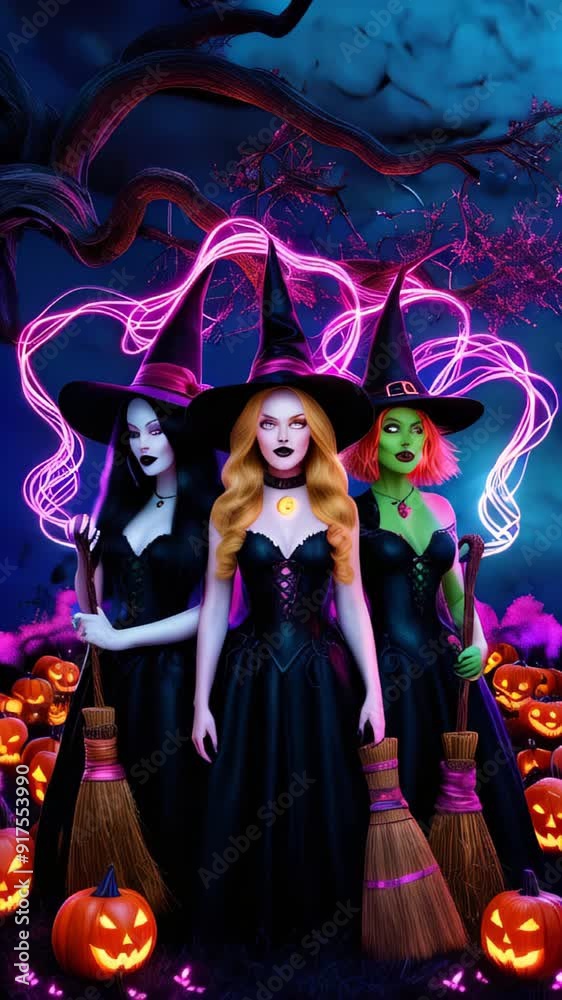 witches stand together under a twisted, barren tree, each dressed in vibrant robes with matching pointed hats. They hold brooms and are surrounded by glowing jack-o'-lanterns and swirling bats witches stand together under a twisted, barren tree, each dressed in vibrant robes with matching pointed hats. They hold brooms and are surrounded by glowing jack-o'-lanterns and swirling bats