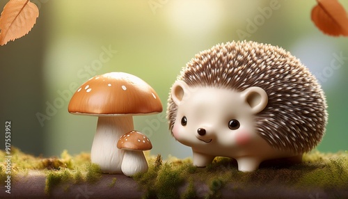 キノコとかわいいハリネズミの置き物とコピースペース（Mushroom and cute hedgehog figurines and copy space）
 photo