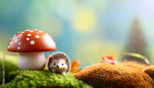 キノコとかわいいハリネズミの置き物とコピースペース（Mushroom and cute hedgehog figurines and copy space）
 photo