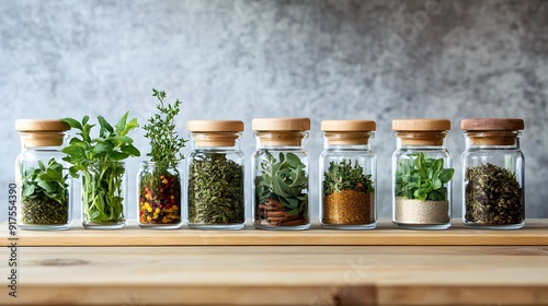 44. An assortment of fresh herbs and spices in glass jars with minimal labels