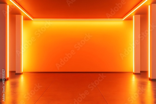 Empty modern showroom background with orange walls illuminated by neon lights
